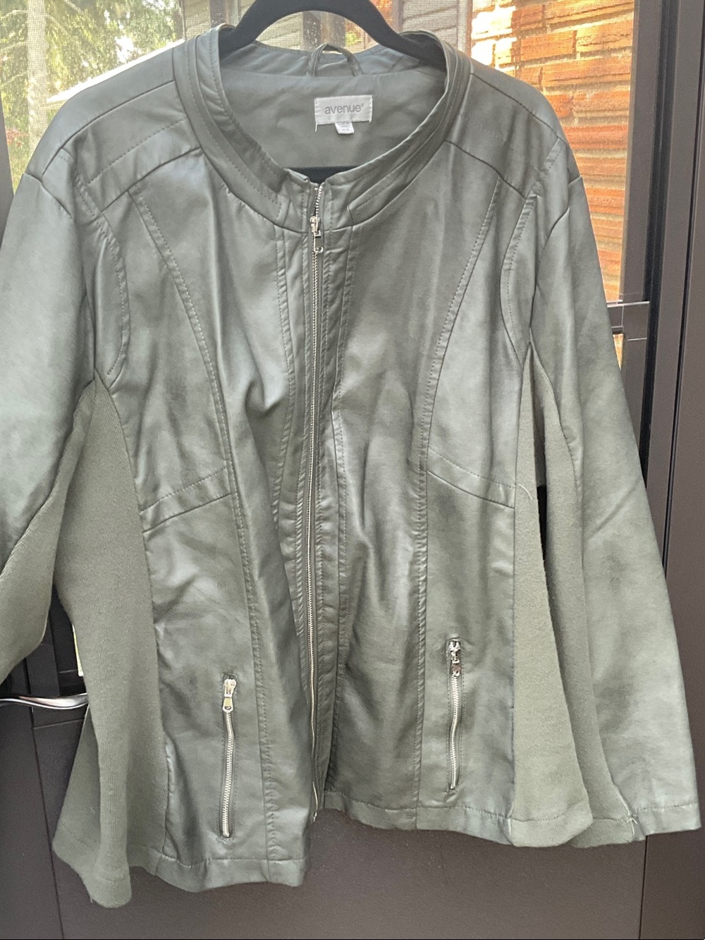 Avenue Olive Green Faux Leather Zip-Front Jacket